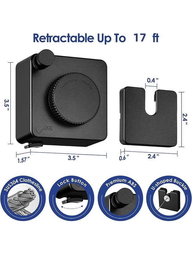 الدليبن حبل غسيل قابل للسحب، حبل غسيل يُثبّت على الحائط، حبل غسيل من الفولاذ المقاوم للصدأ بطول 5.2 متر (17 قدمًا) بتصميم متين يُثبّت على الحائط، يصل طوله إلى 5.2 متر، رف تجفيف موفر للمساحة لغرفة المعيشة، الشرفة، غرفة النوم، أو للاستخدام الخارجي (أسود) - Image 2